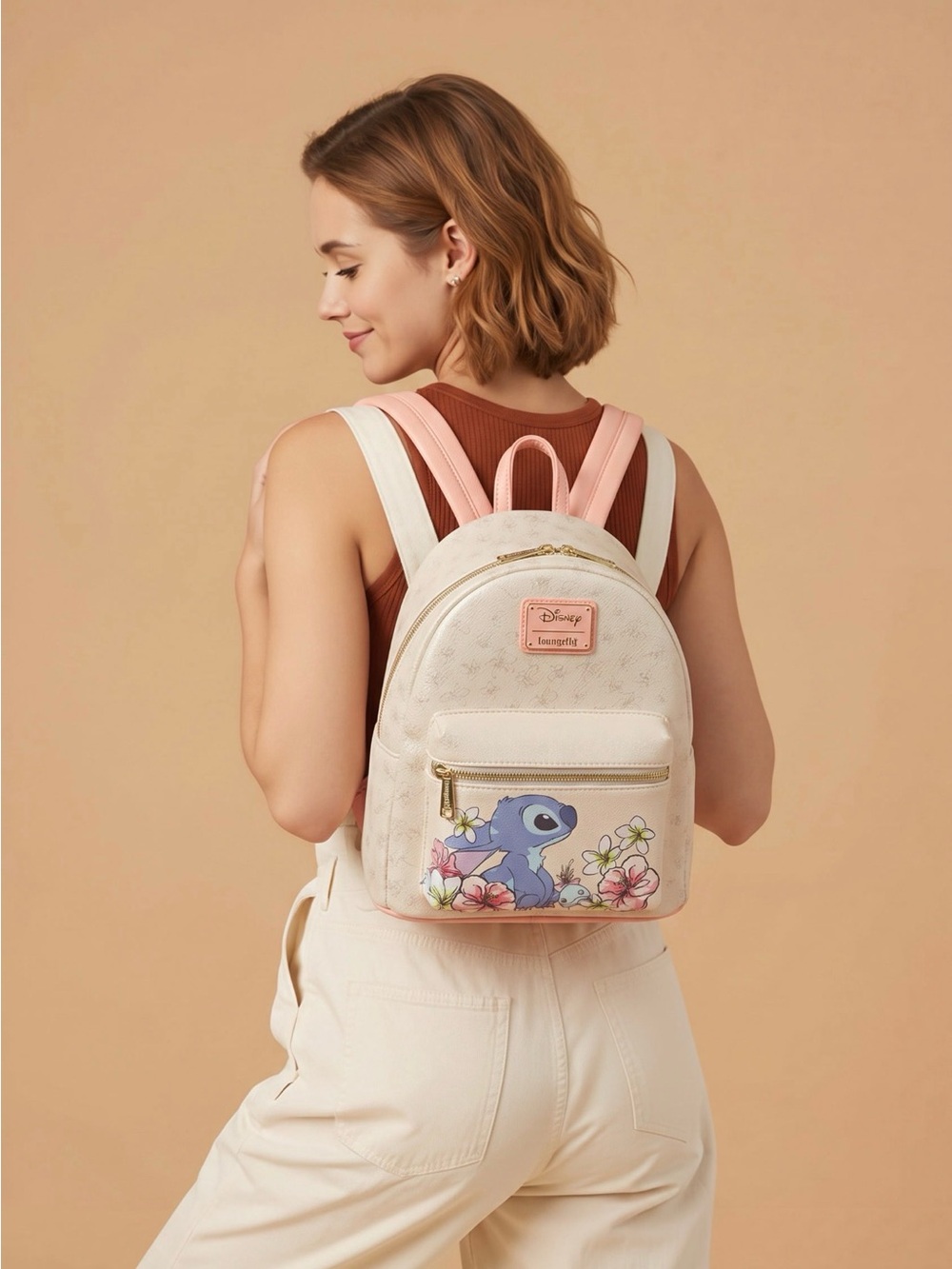 Disney x Loungefly Cream & Pink 'Stitch' Floral Mini Backpack NWT